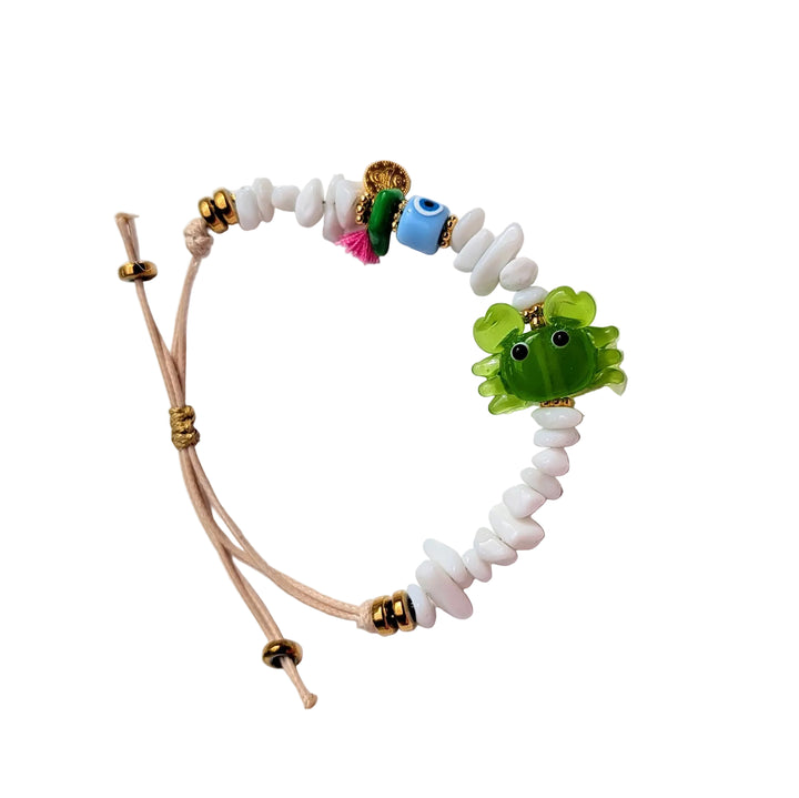 White Chip Bracelet with Green Exotic Crab