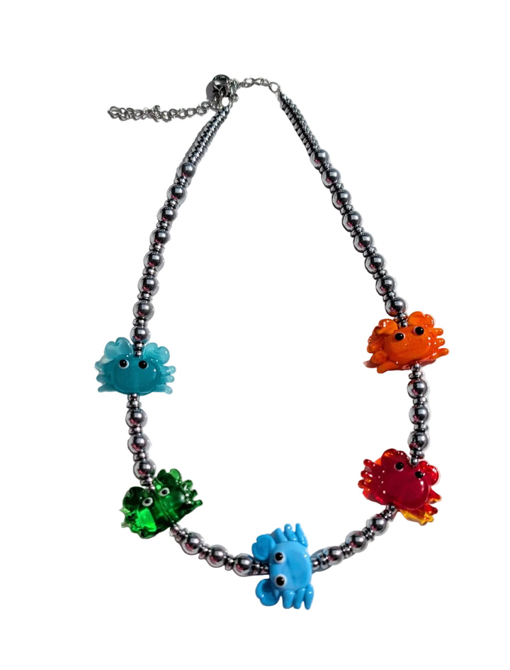 Silver Beaded Necklace with Lampwork glass Colorful Crabs