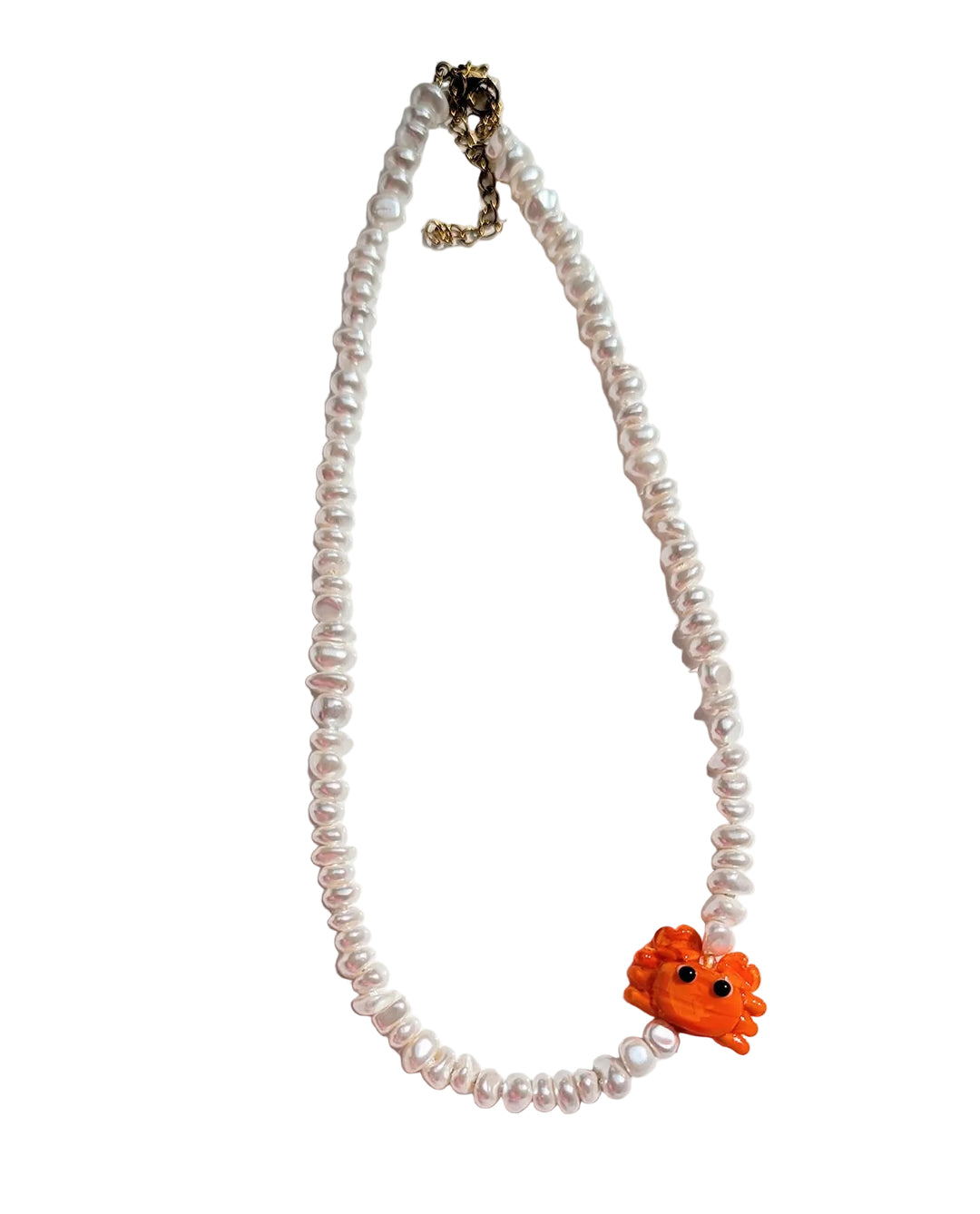 White shell pearl choker with orange glass crab charm--LNH Edit