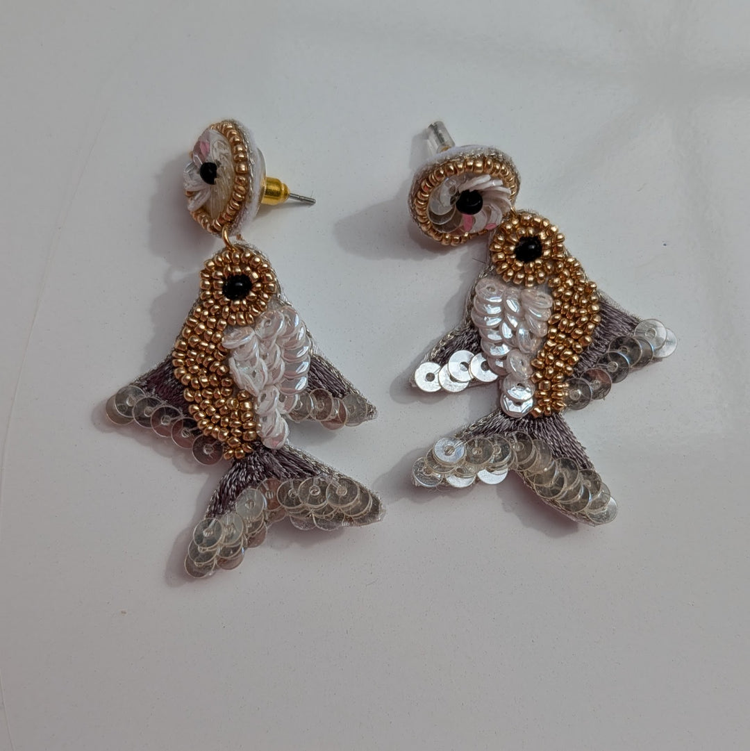 Mini White & Gold Beaded Fish Earrings