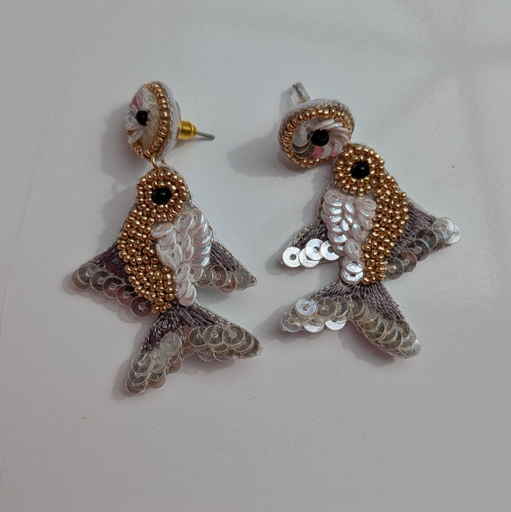 Mini White & Gold Beaded Fish Earrings