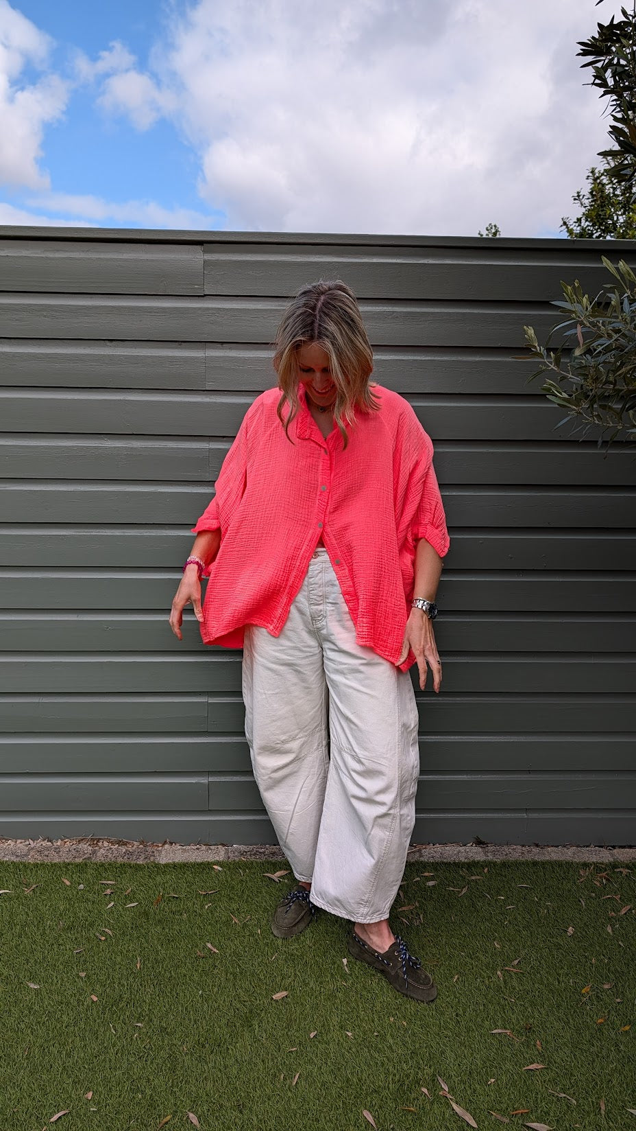Neon Coral Gauze Cotton Shirt-Shirts & Tops-LNH Edit