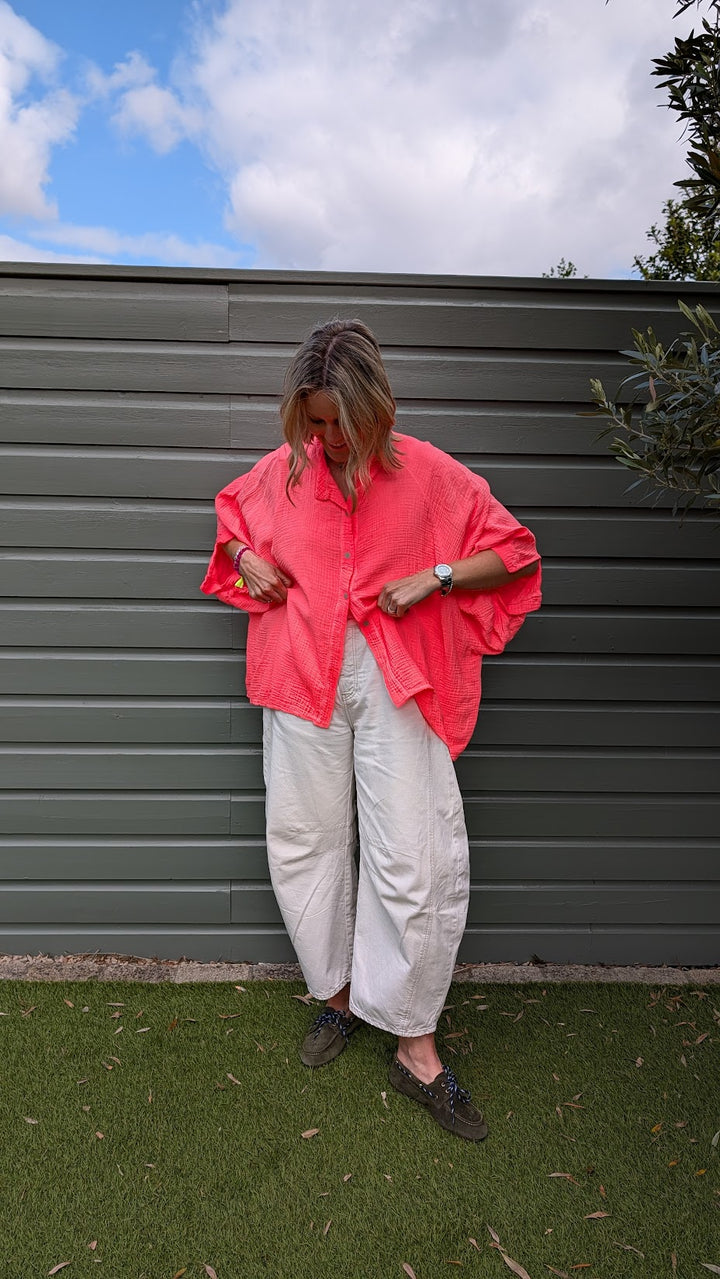 Neon Coral Gauze Cotton Shirt-Shirts & Tops-LNH Edit