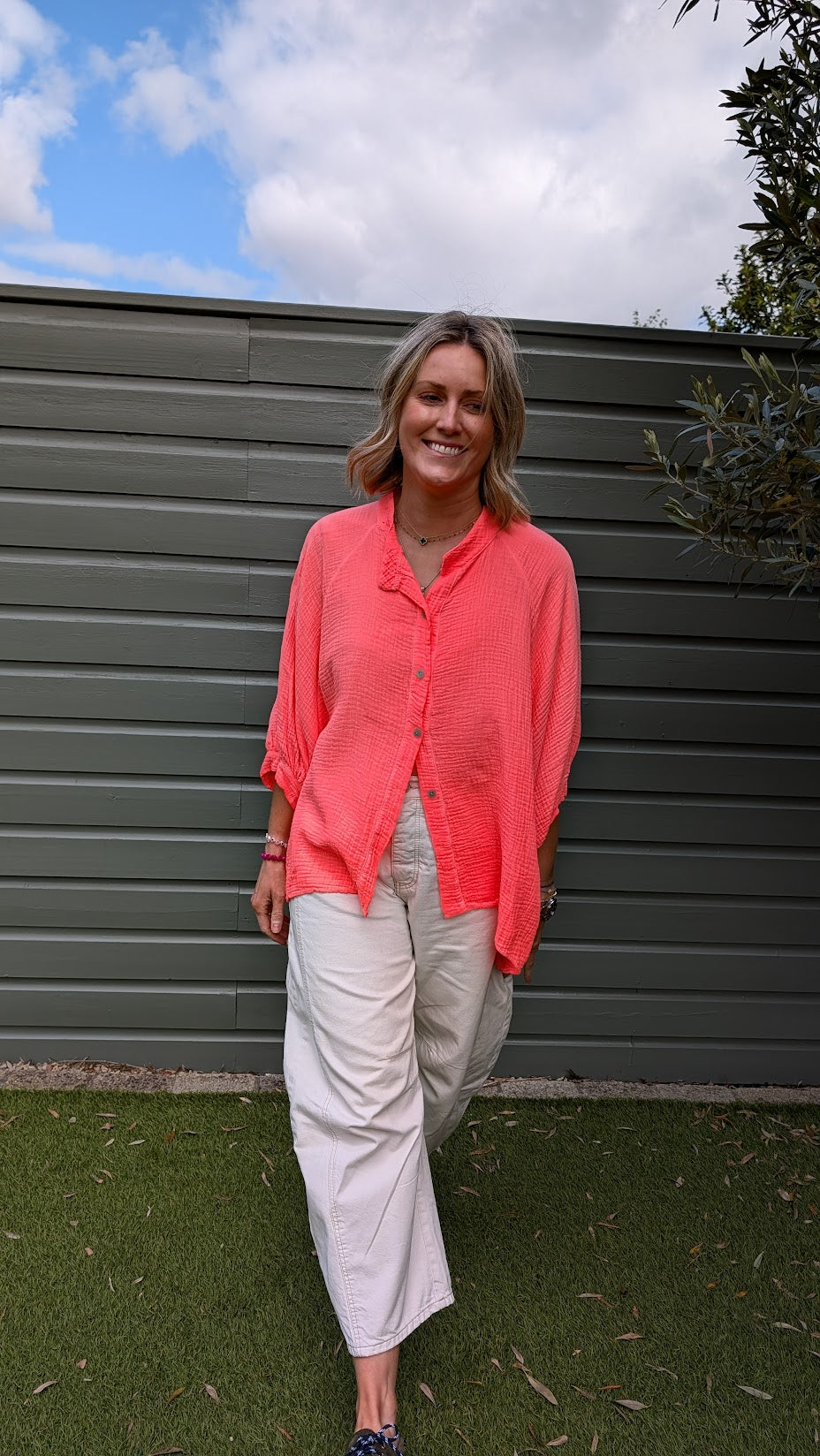 Neon Coral Gauze Cotton Shirt-Shirts & Tops-LNH Edit