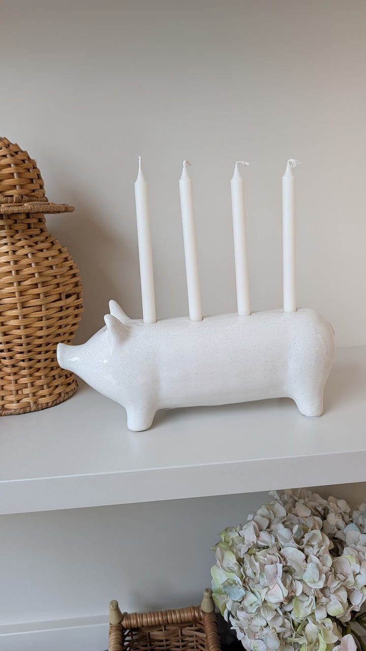 Small White Ceramic Pig Candlestick Holder