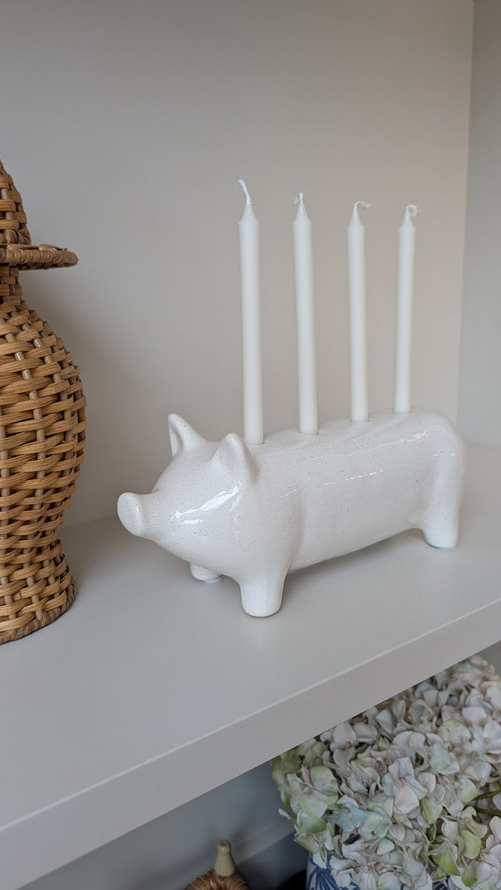 Small White Ceramic Pig Candlestick Holder