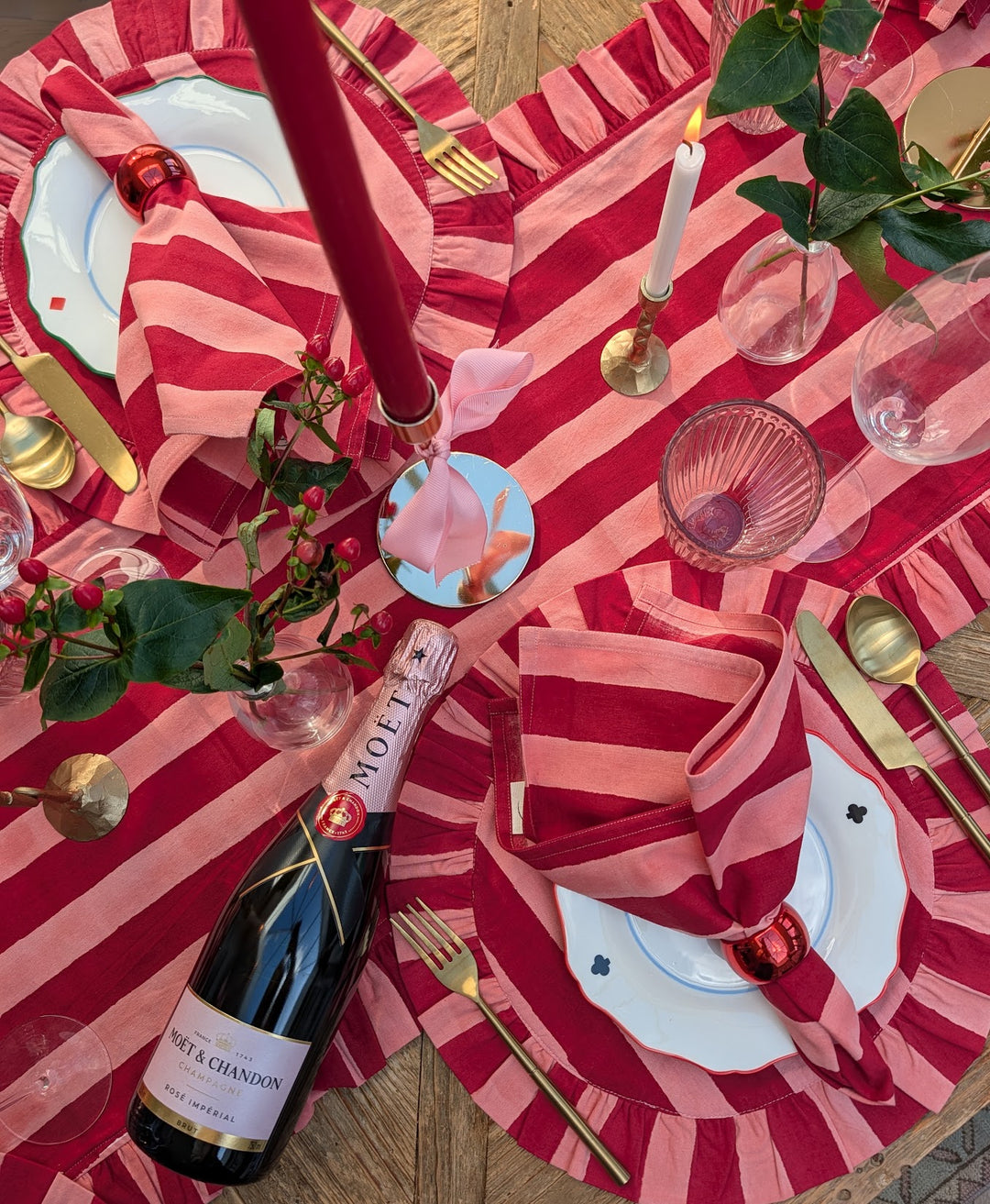 Pink and Red stripe Frill Placemats | Set of 2 ¦ Hand Block-Printed Cotton