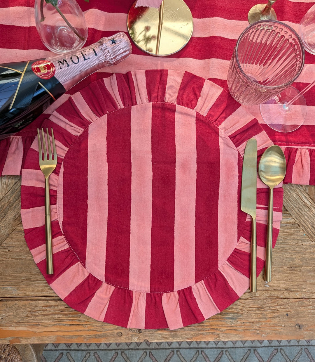 Pink and Red stripe Frill Placemats | Set of 2 ¦ Hand Block-Printed Cotton