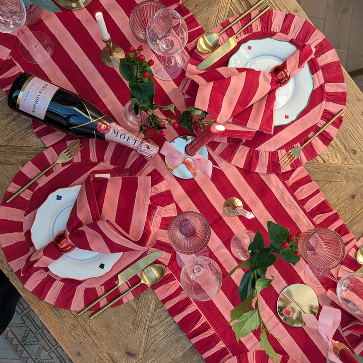 Pink and Red stripe Frill Placemats | Set of 2 ¦ Hand Block-Printed Cotton