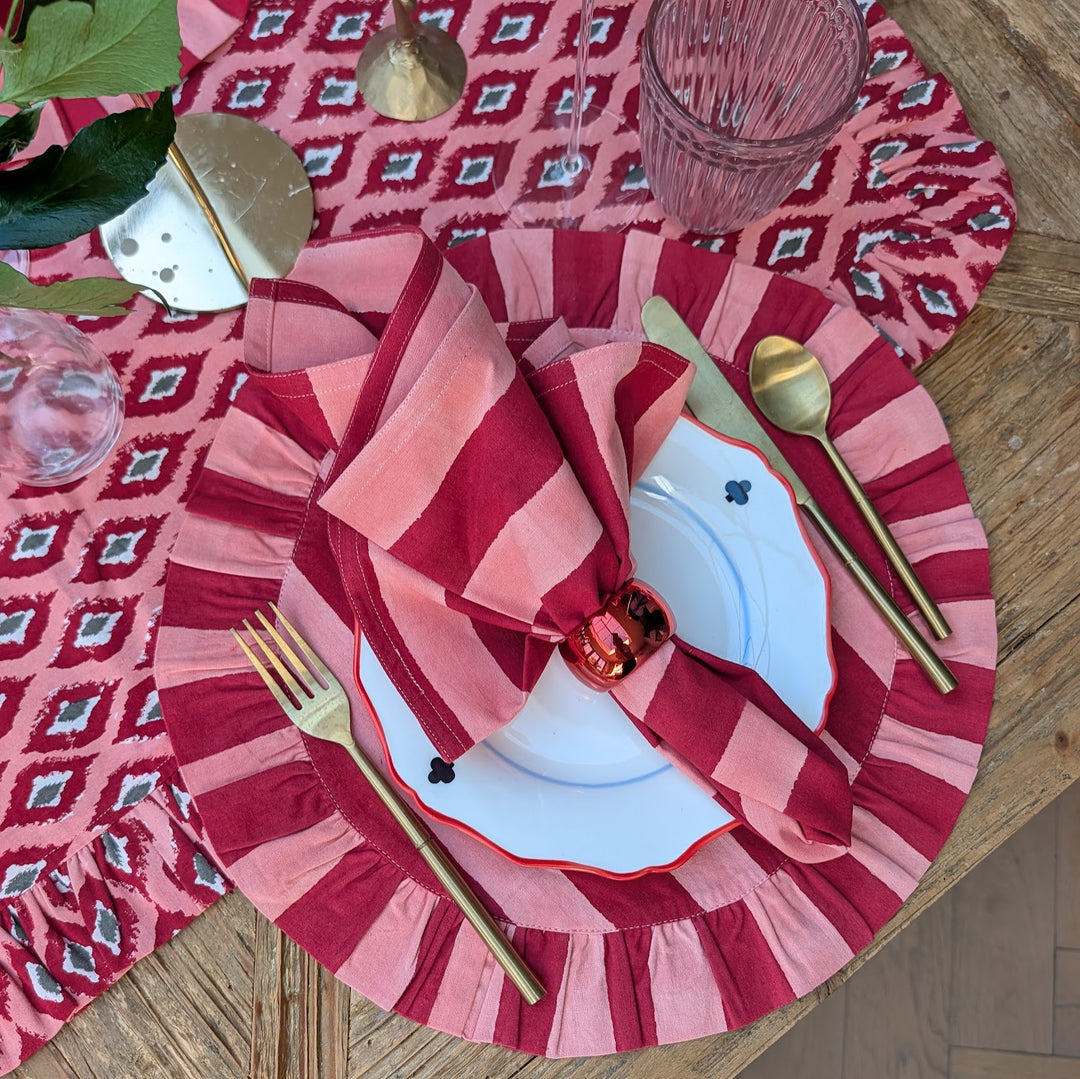Pink and Red stripe Frill Placemats | Set of 2 ¦ Hand Block-Printed Cotton