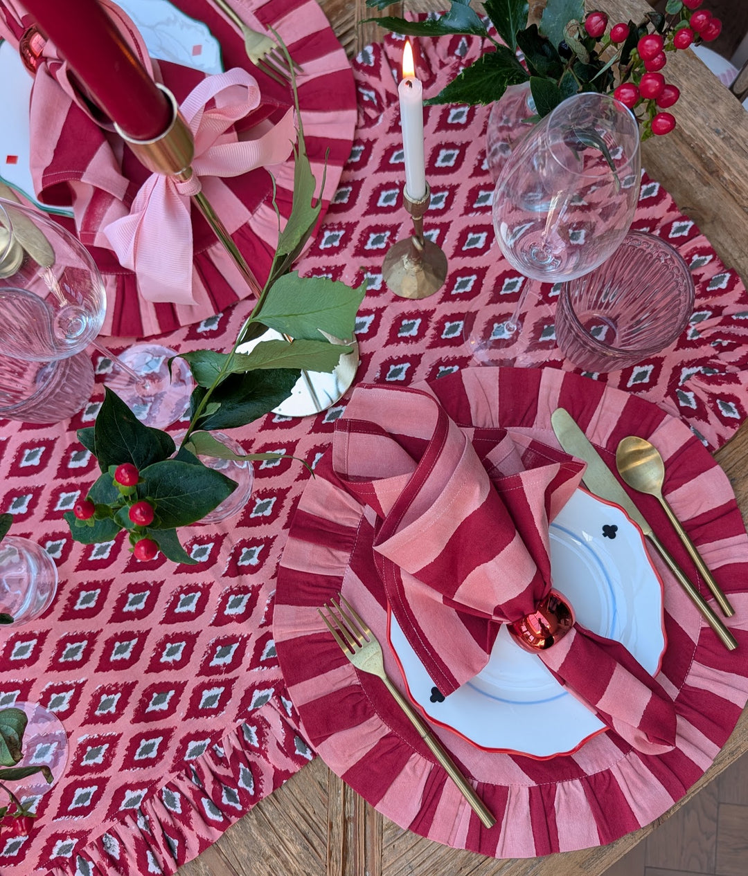 Red Ikat Frill Table Runner
