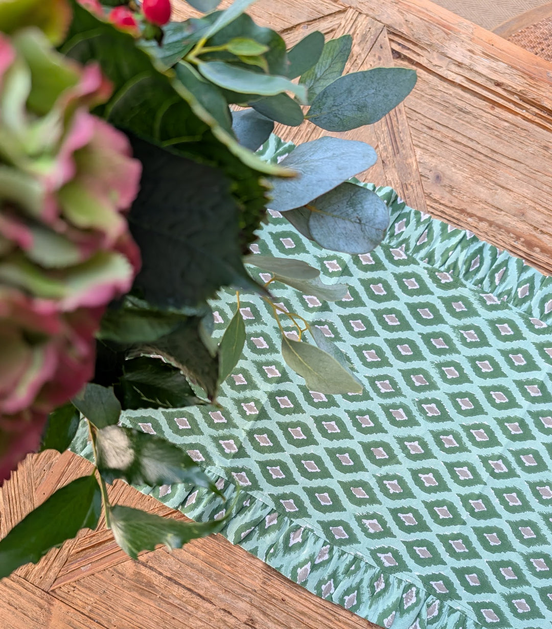 Green Ikat Frill Table Runner