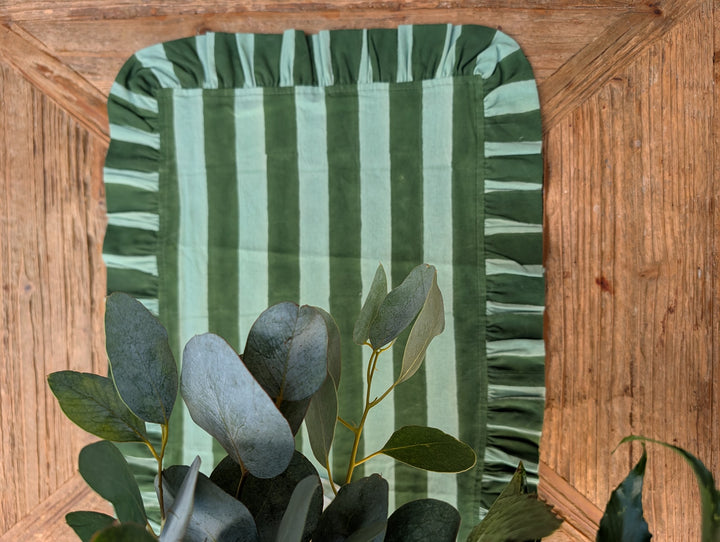 Two toned Green Stripe Frill Table Runner