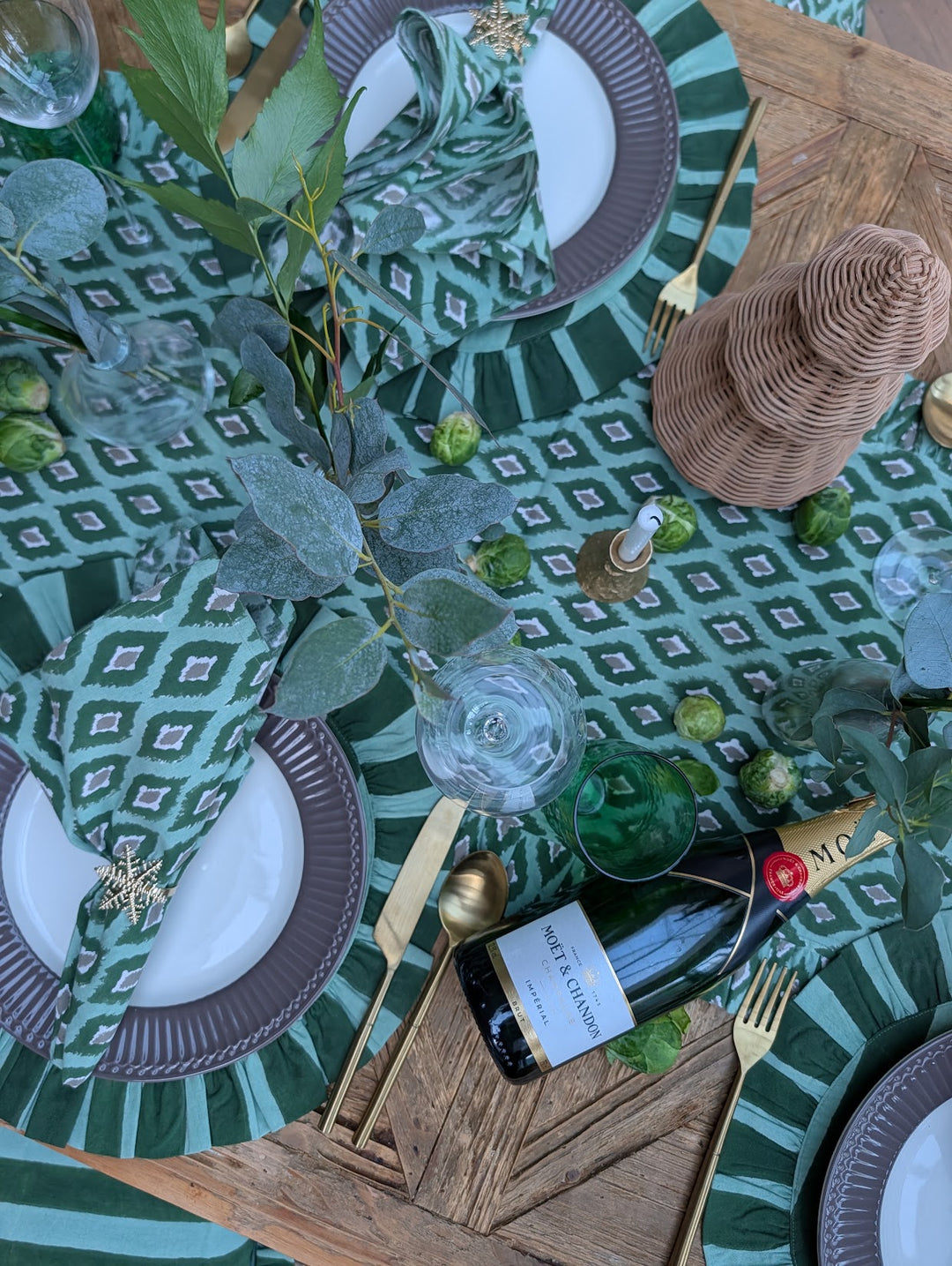 Green Ikat Frill Table Runner