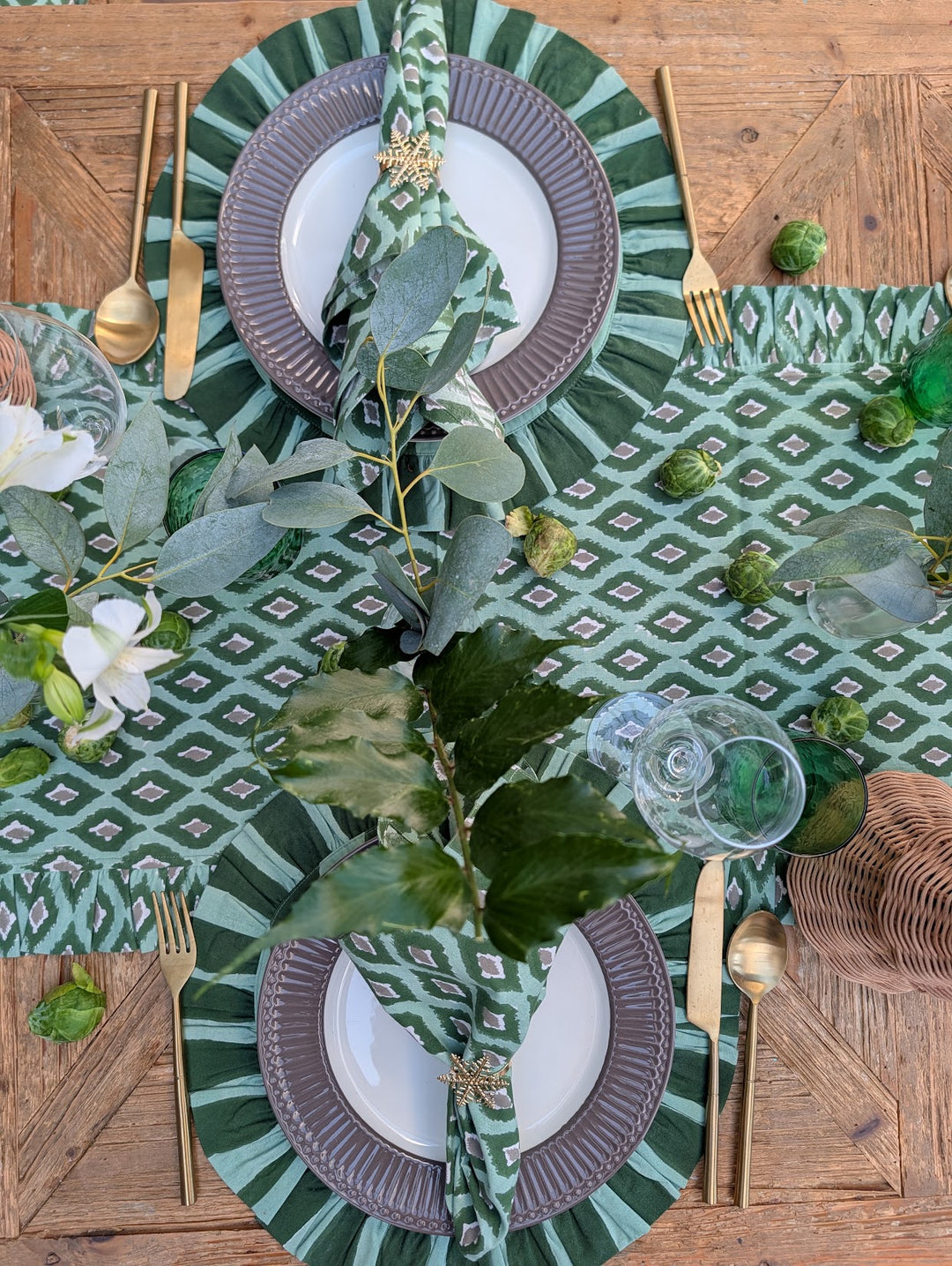 Green Ikat Frill Table Runner