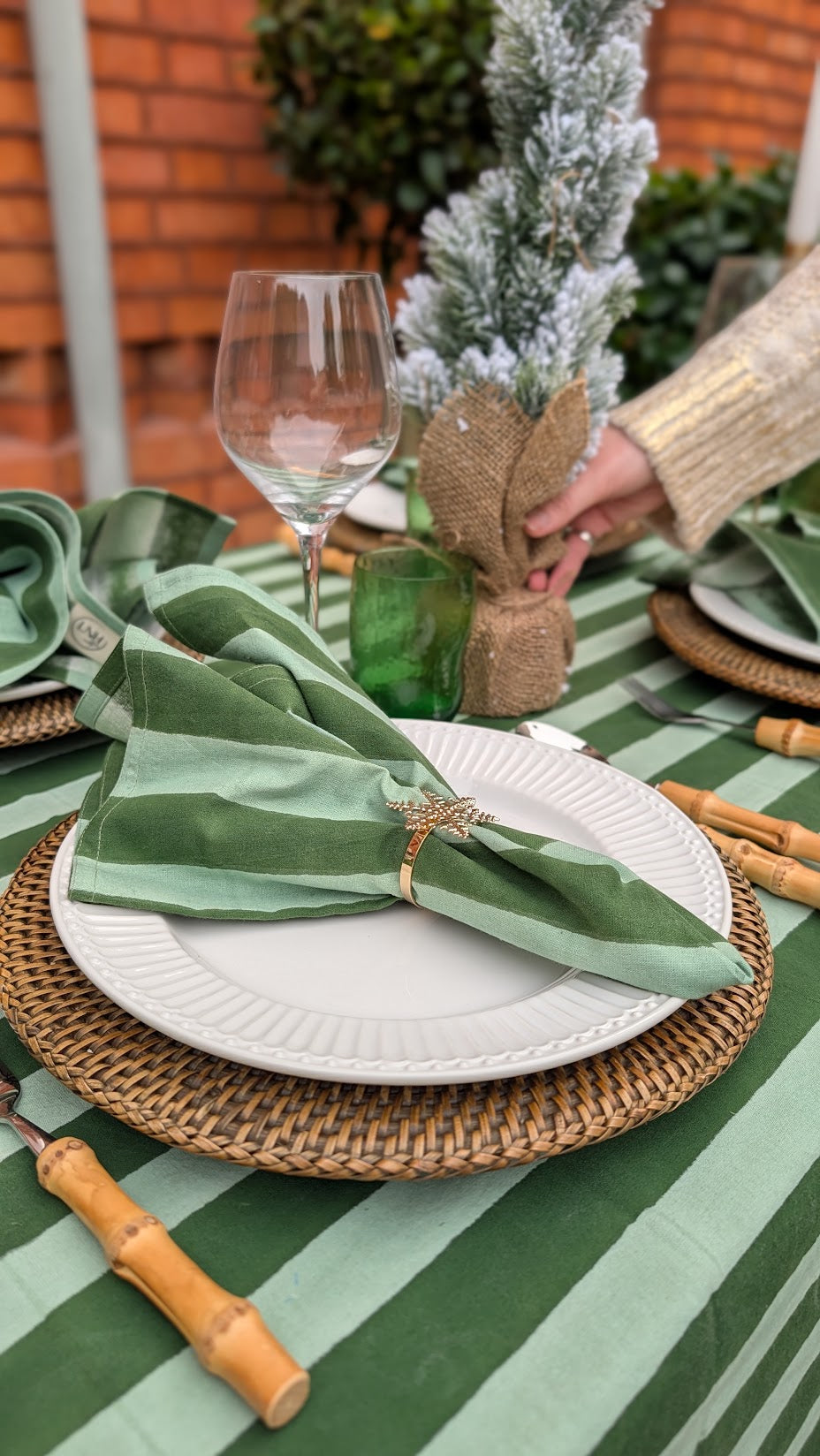Green Stripe Frill Rectangle Tablecloth
