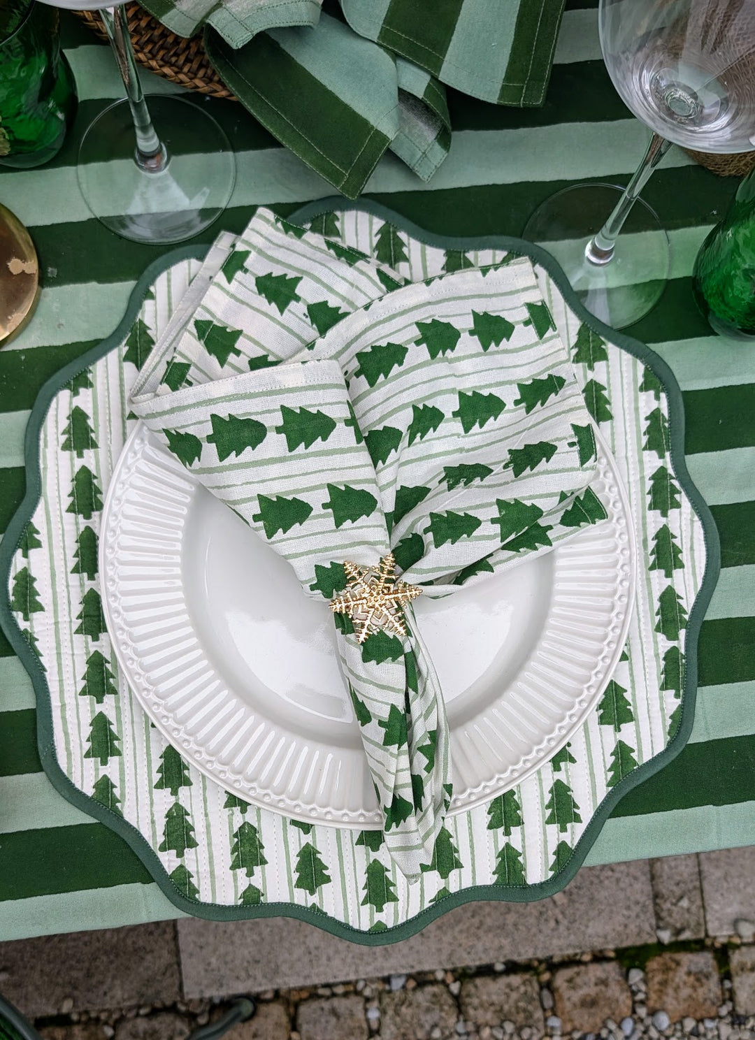 Green stripe ruffle Round Tablecloth