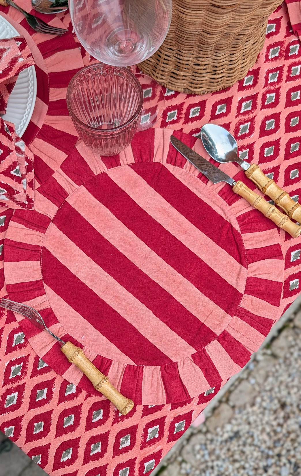 Pink and Red stripe Frill Placemats | Set of 2 ¦ Hand Block-Printed Cotton