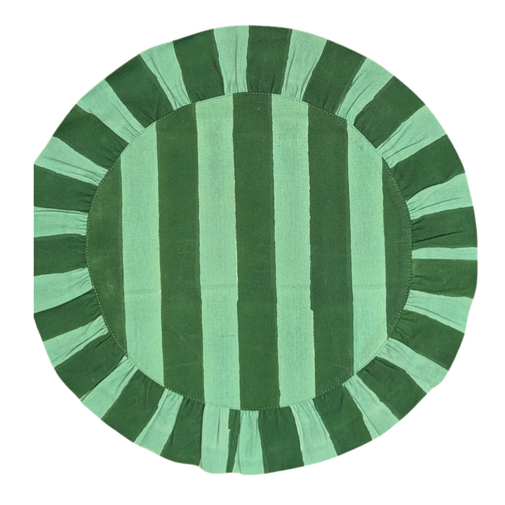 Two toned Green Frill Placemats | Set of 2 ¦ Hand Block-Printed Cotton