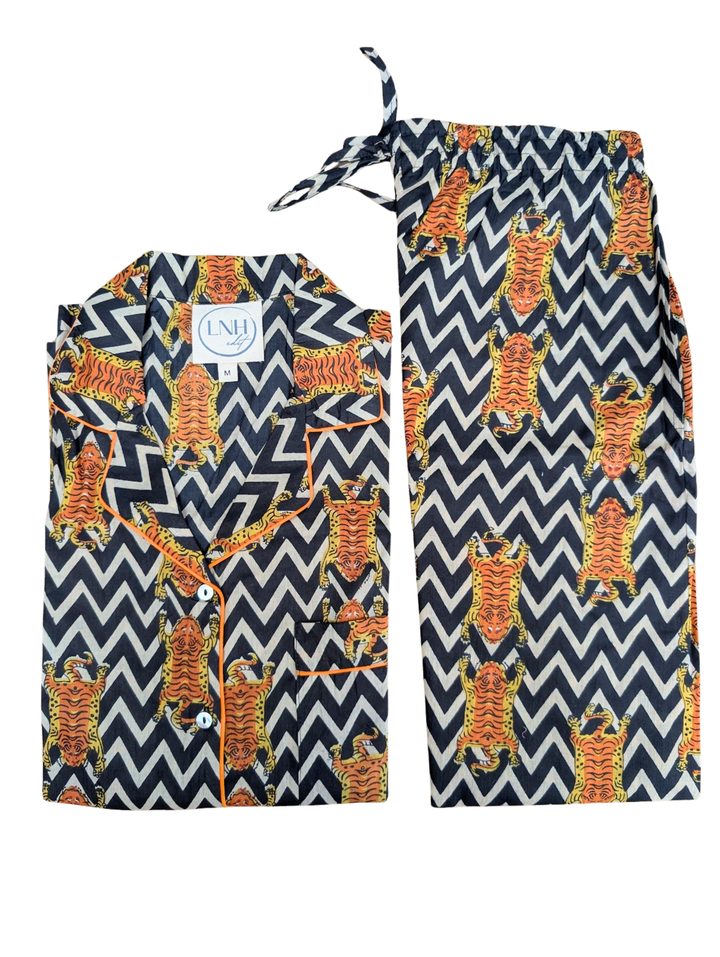 Black Zig Zag Tiger Pyjama Set, Long