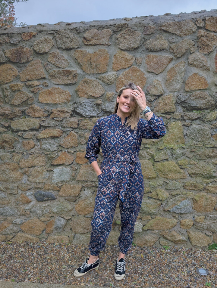 Hazel Navy Long Sleeve Handcrafted Jumpsuit
