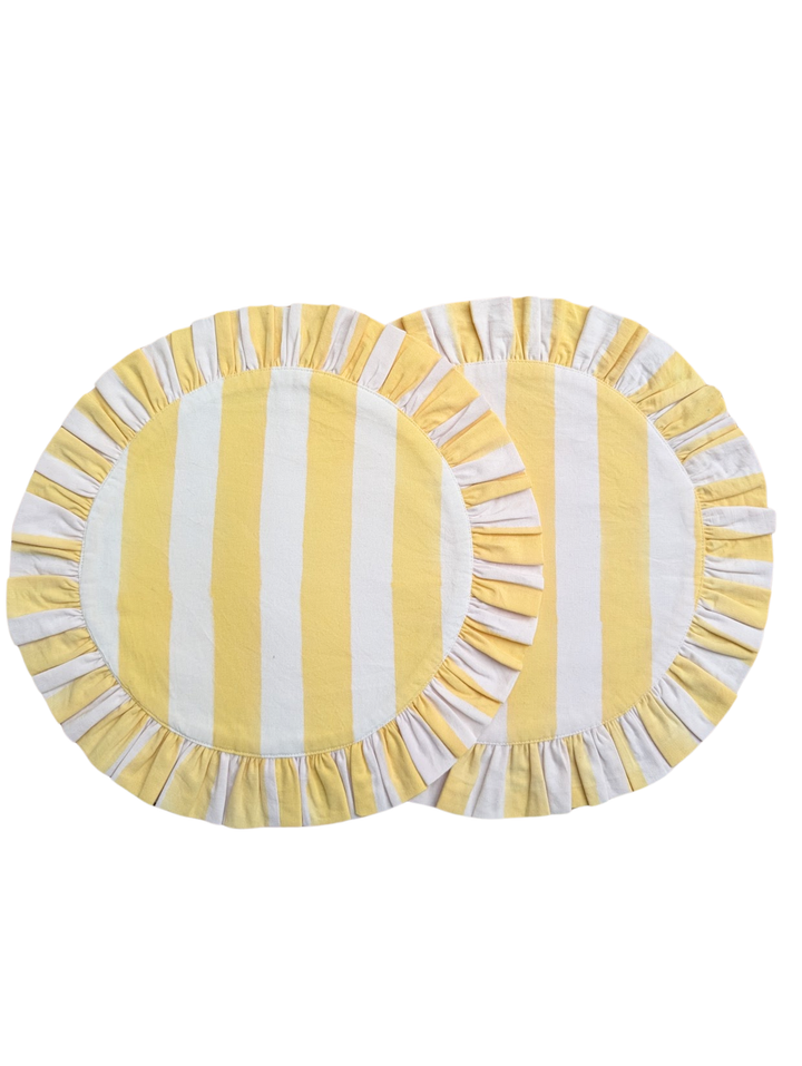 Lemon stripe Frill Placemats | Set of 2 ¦ Hand Block-Printed Cotton