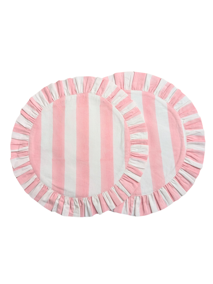 Pink stripe Frill Placemats | Set of 2 ¦ Hand Block-Printed Cotton