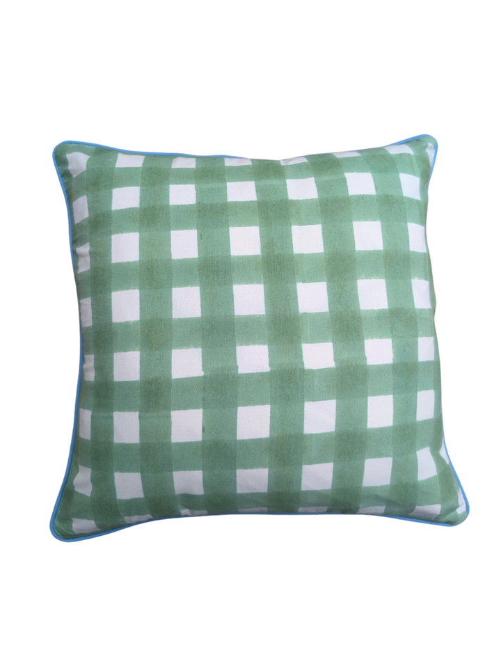 Gingham Green Piped Cushion Cover