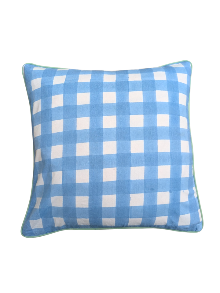 Gingham Blue Piped Cushion Cover