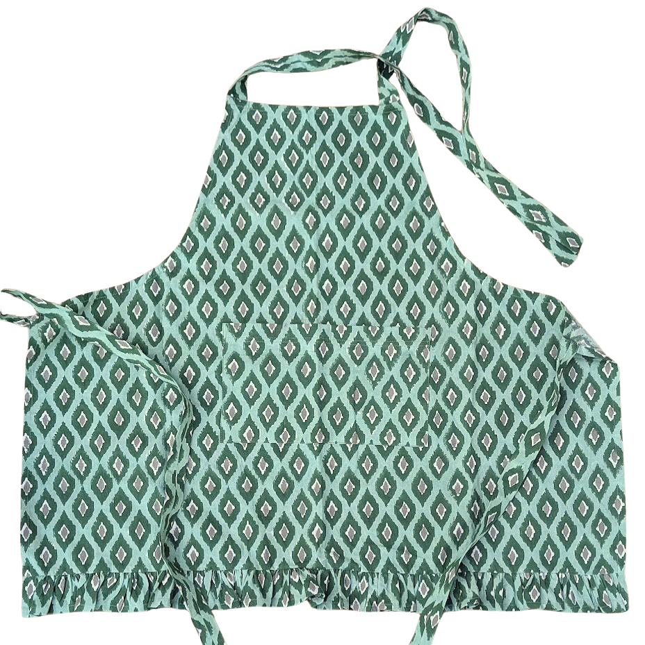 Ikat green Frill Apron-Aprons-LNH Edit