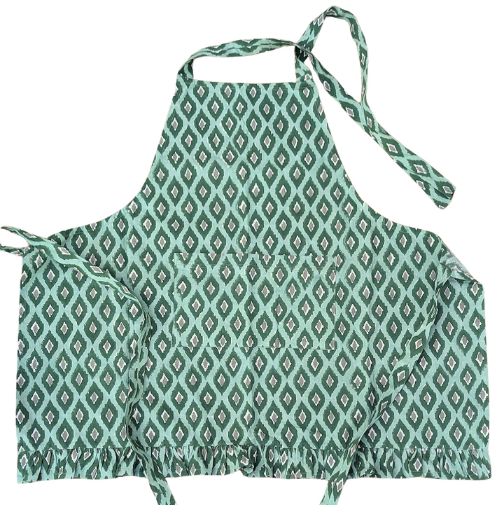 Ikat green Frill Apron-Aprons-LNH Edit