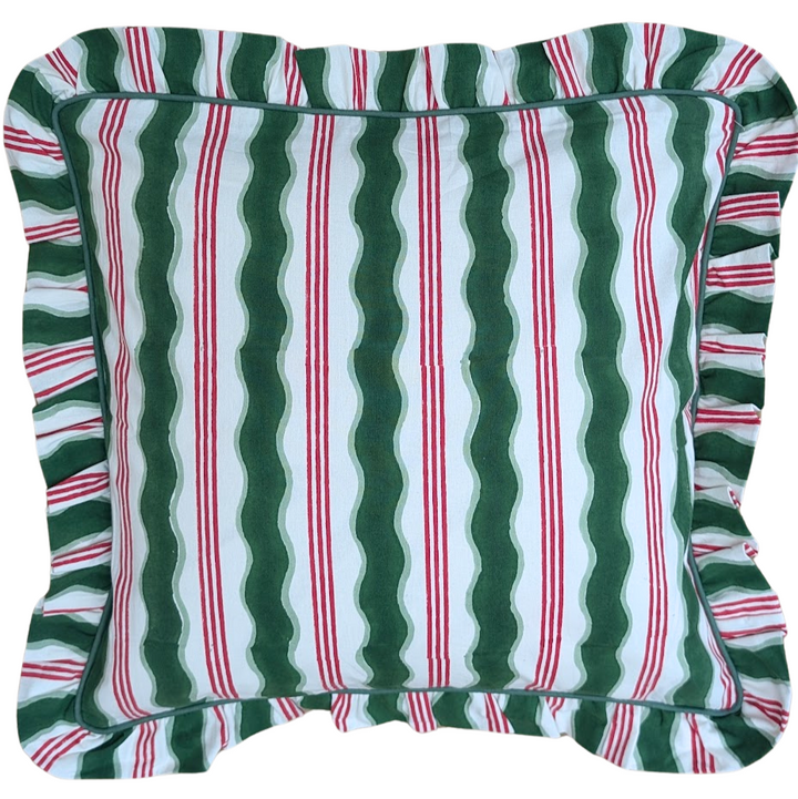 A square decorative throw pillow with a festive green, white, and red striped pattern and ruffled edges, shown against a plain white background.