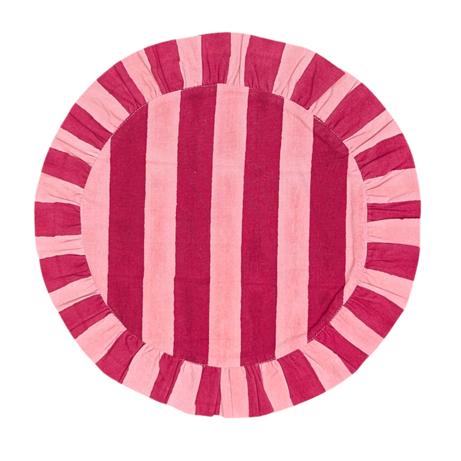 Pink and Red stripe Frill Placemats | Set of 2 ¦ Hand Block-Printed Cotton