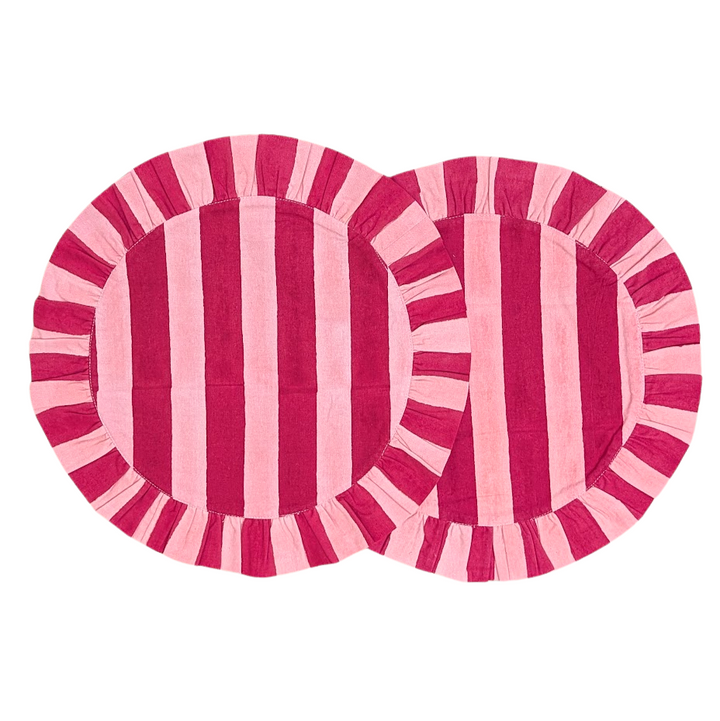 Pink and Red stripe Frill Placemats | Set of 2 ¦ Hand Block-Printed Cotton