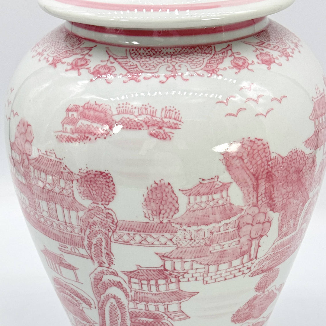 Pink & White Chinoiserie Ceramic Jar 18"-Ginger Jars-LNH Edit