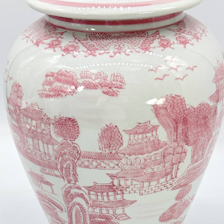 Pink & White Chinoiserie Ceramic Jar 18"-Ginger Jars-LNH Edit