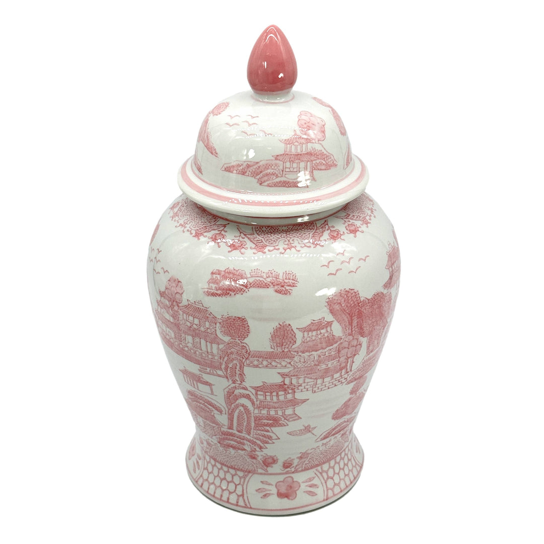 Pink & White Chinoiserie Ceramic Jar 18"-Ginger Jars-LNH Edit