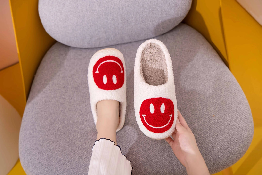 Happy Face Fluffy Slipper Red-slippers-LNH Edit
