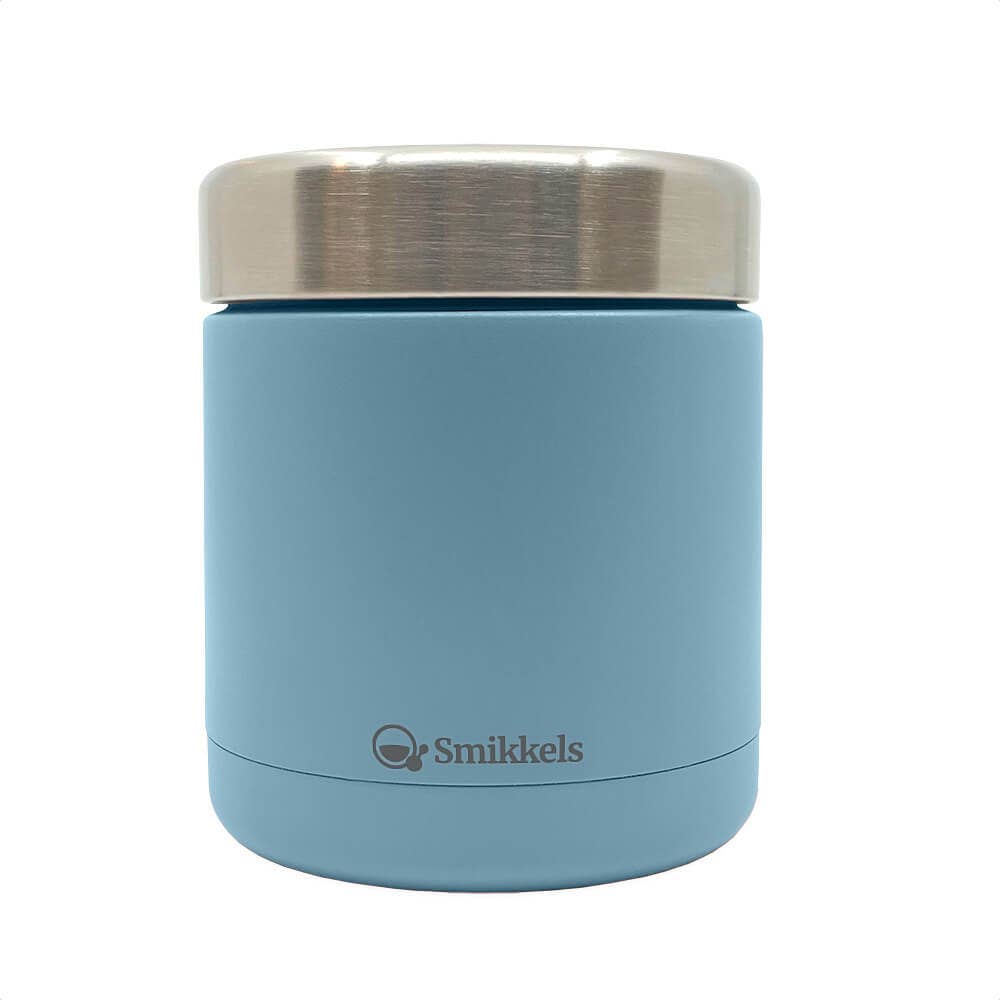 Blue thermos with silver lid on a white background