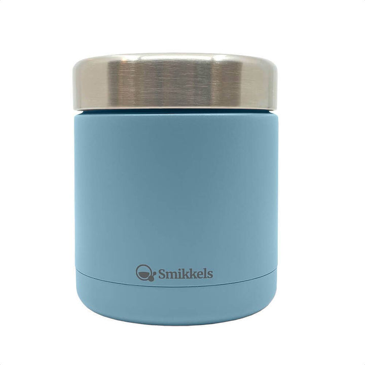 Blue thermos with silver lid on a white background