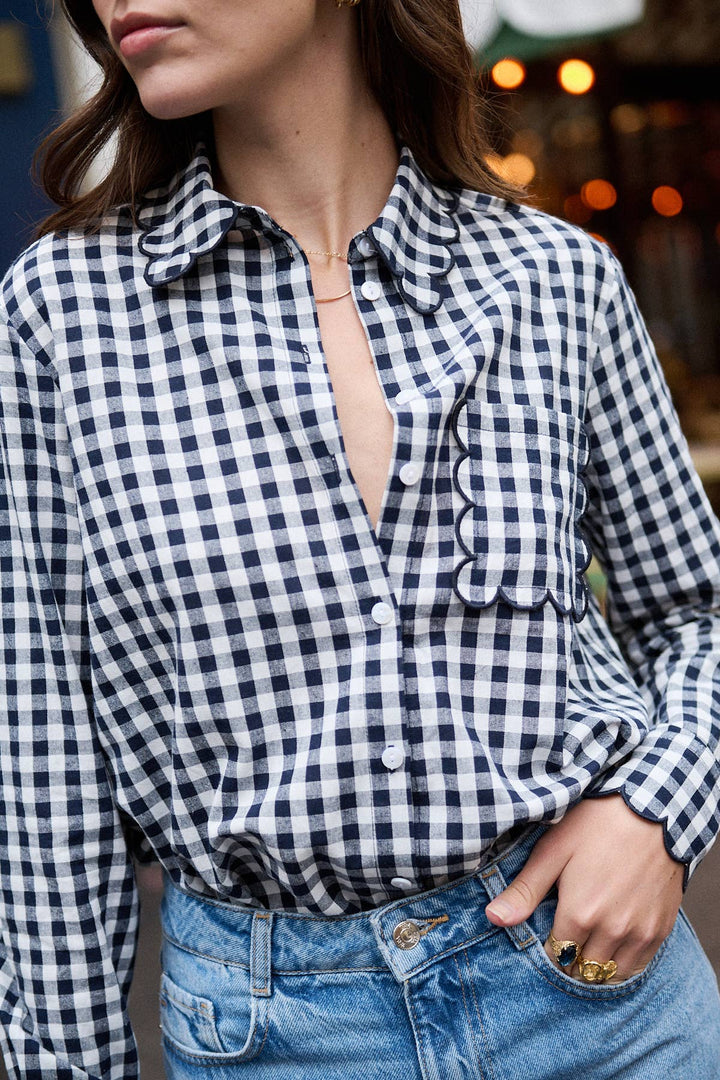 Scallop Blue Gingham print cotton shirt-Shirts & Tops-LNH Edit