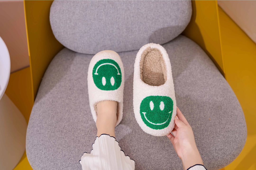 Happy Face Fluffy Slipper Green-slippers-LNH Edit