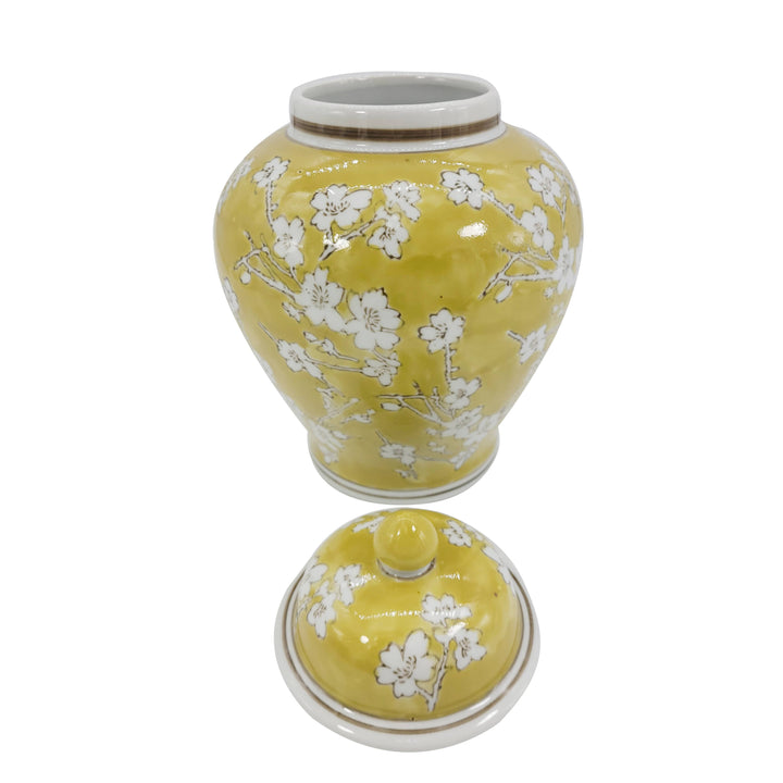 Yellow & White Ceramic Chinoiserie Ginger Jar 12"-Ginger Jars-LNH Edit