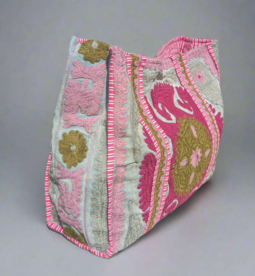 Pink and grey Suzani embroidered Tote-Tote Bags-LNH Edit