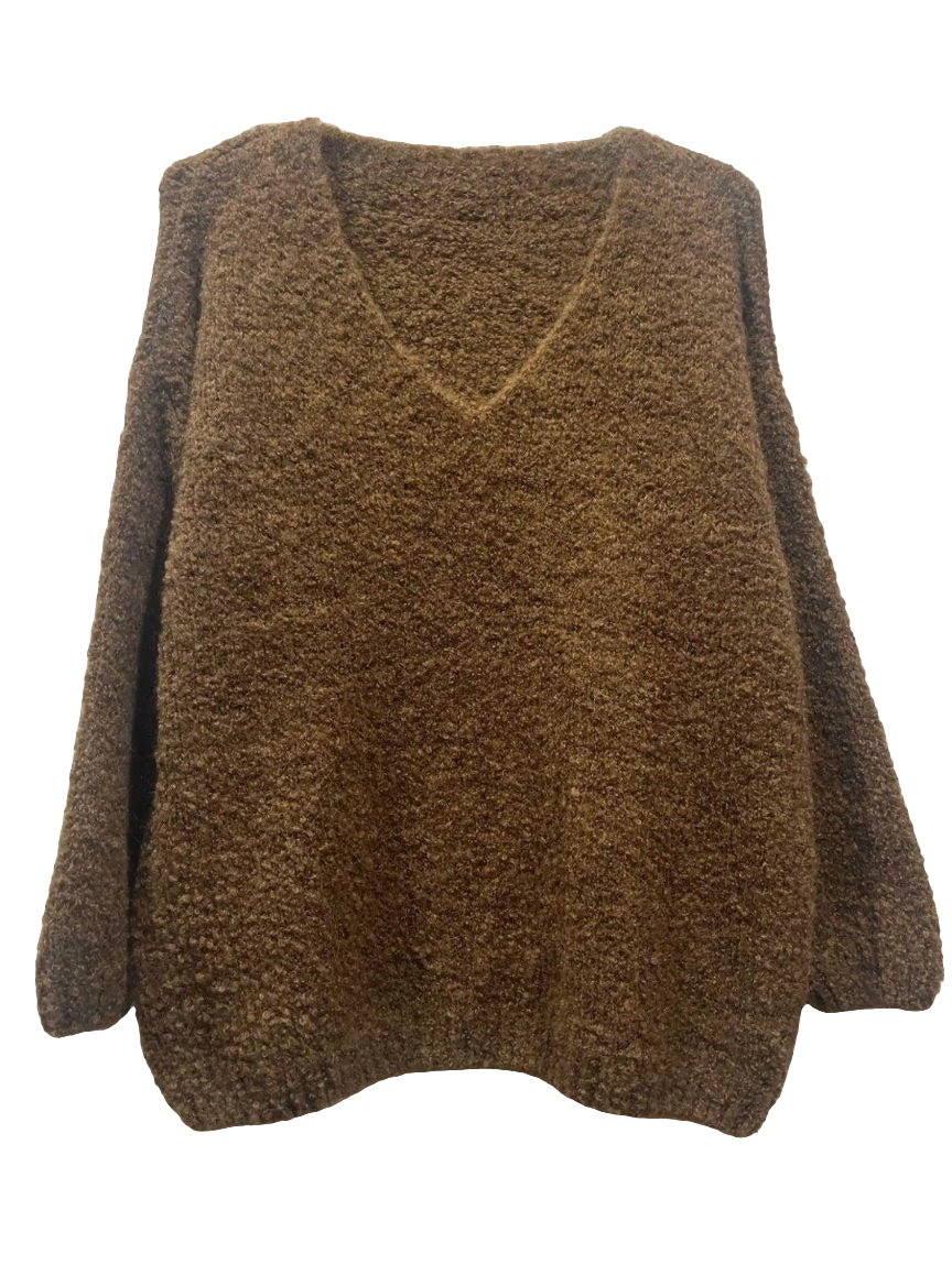 Chocolate Boucle V Neck Sweater-Shirts & Tops-LNH Edit