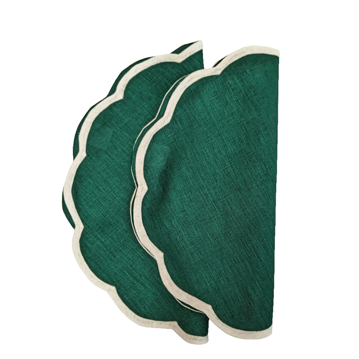 Green Linen Modern Scalloped Placemats, Set of 2-Placemats-LNH Edit