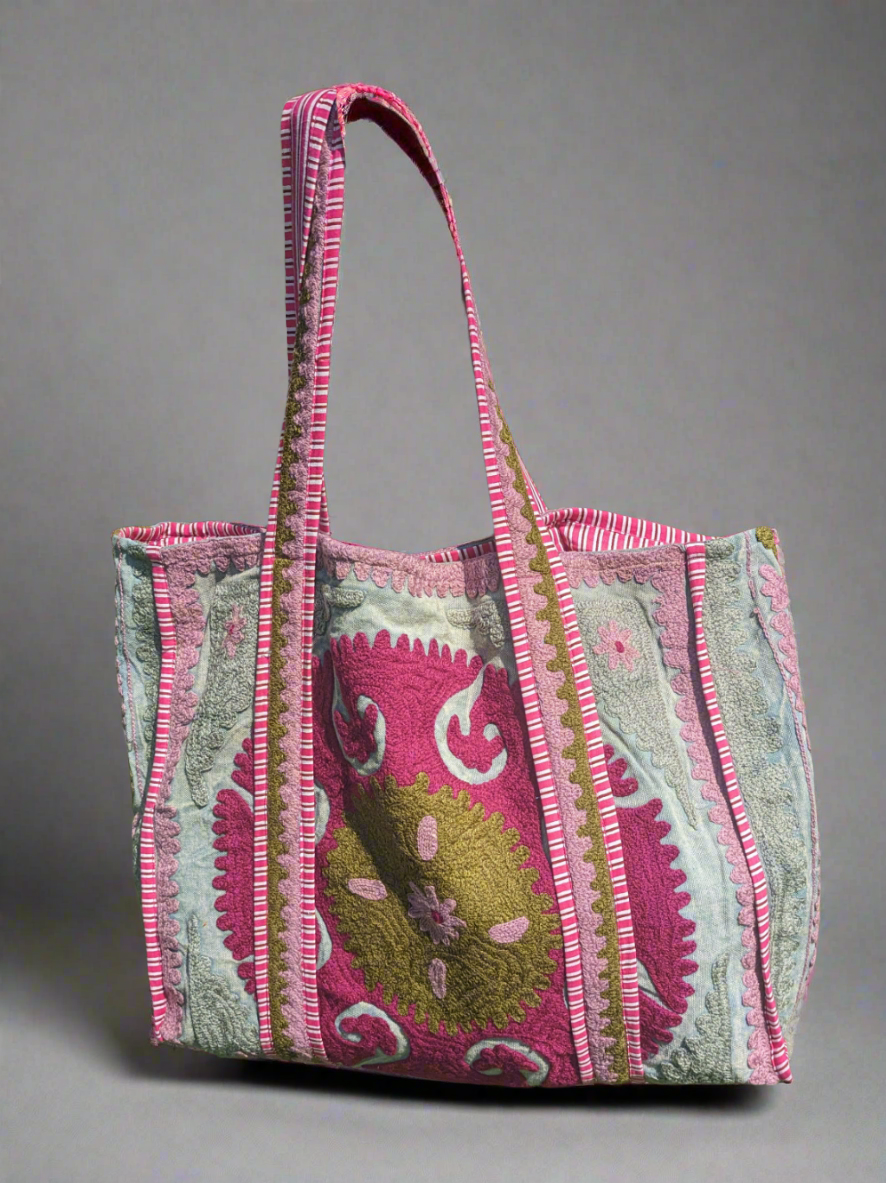 Pink and grey Suzani embroidered Tote-Tote Bags-LNH Edit