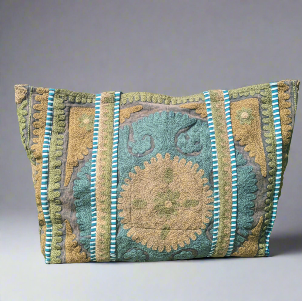 Green and brown Suzani embroidered Tote-Tote Bags-LNH Edit