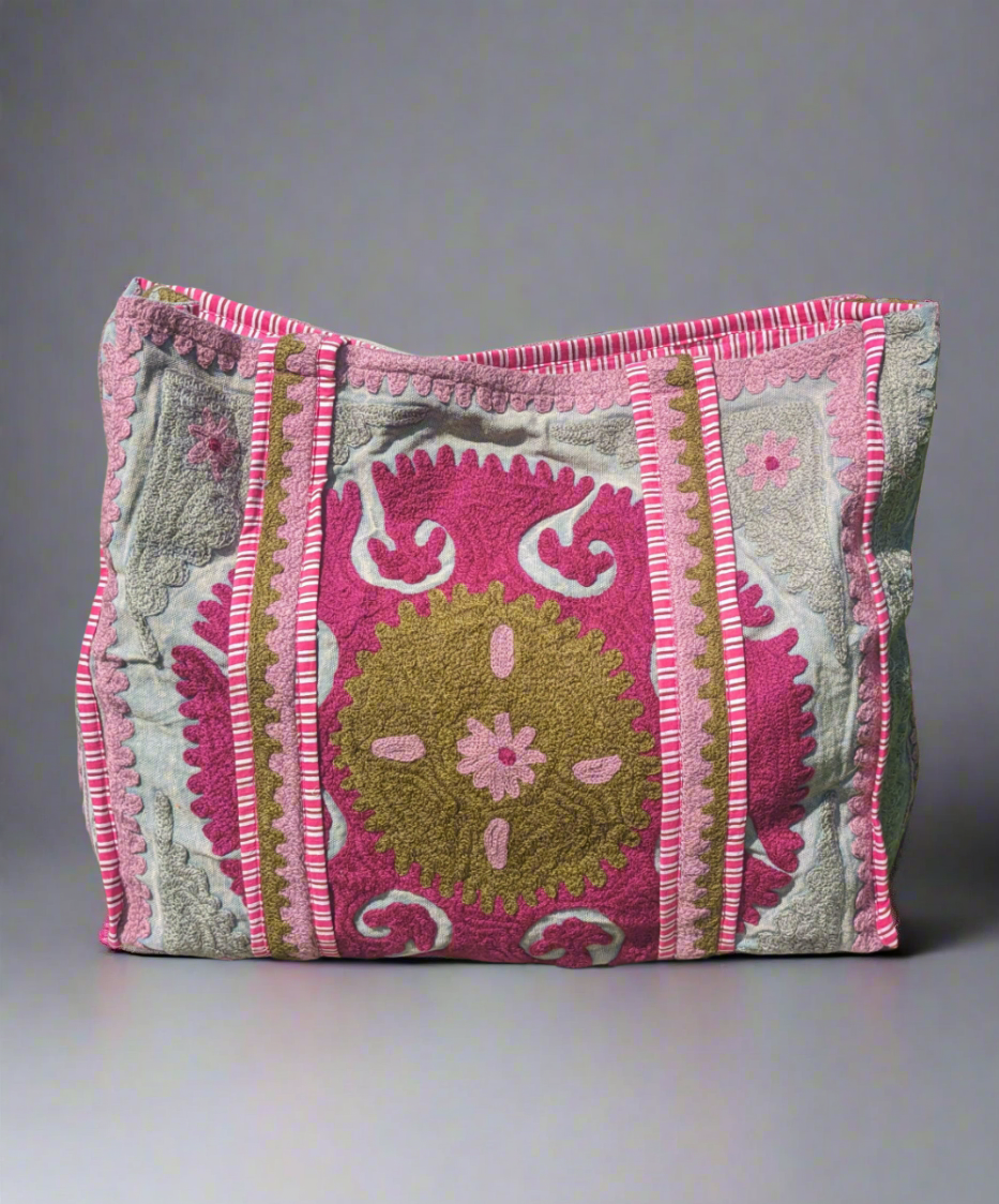 Pink and grey Suzani embroidered Tote-Tote Bags-LNH Edit