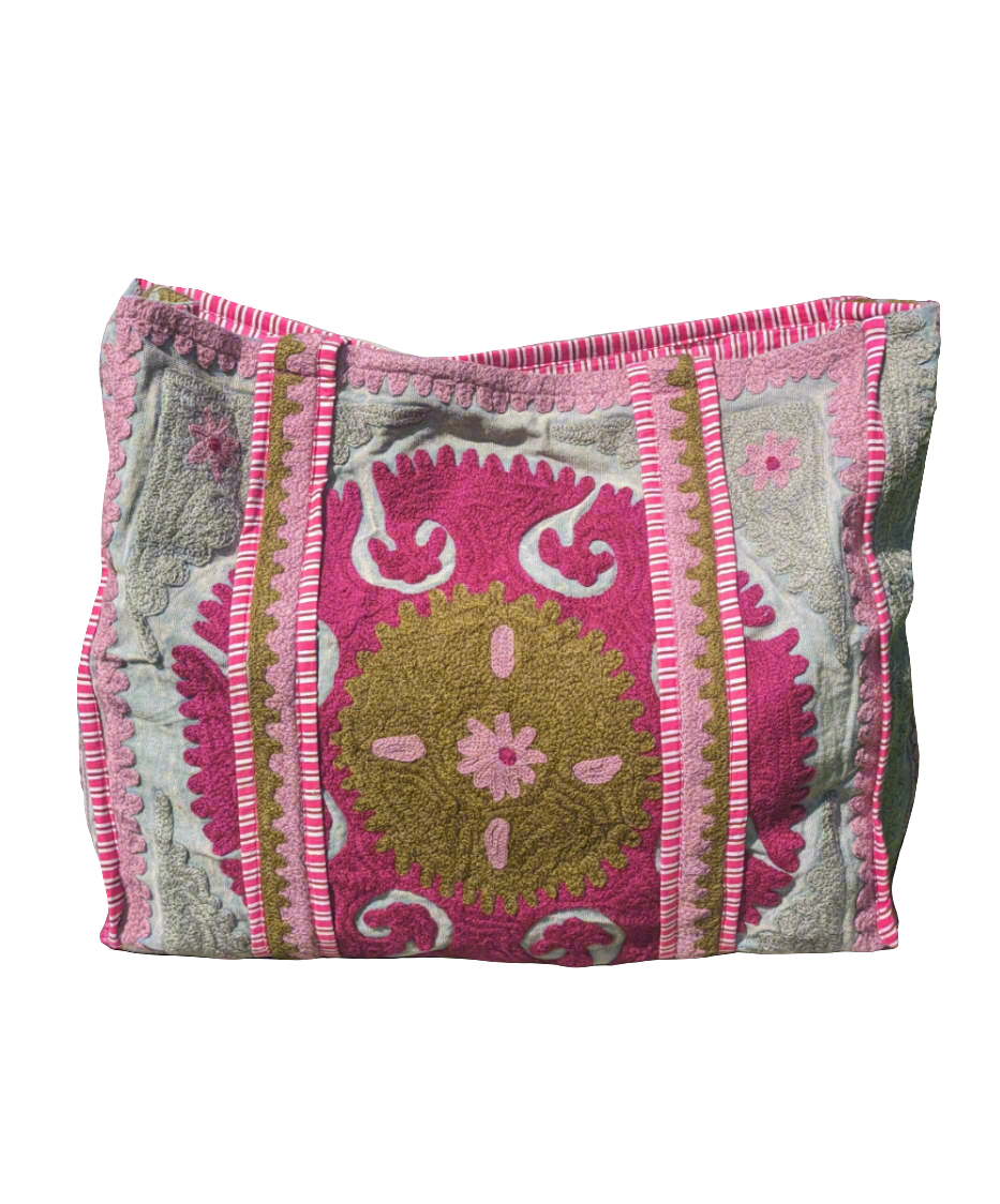 Pink and grey Suzani embroidered Tote-Tote Bags-LNH Edit